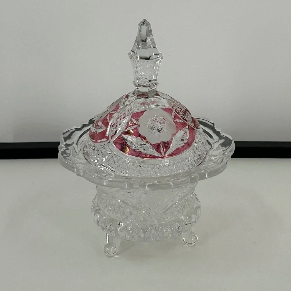 Vintage Footed Glass Candy Dish with Cranberry Flash Rose Lid Clear Pressed Bowl